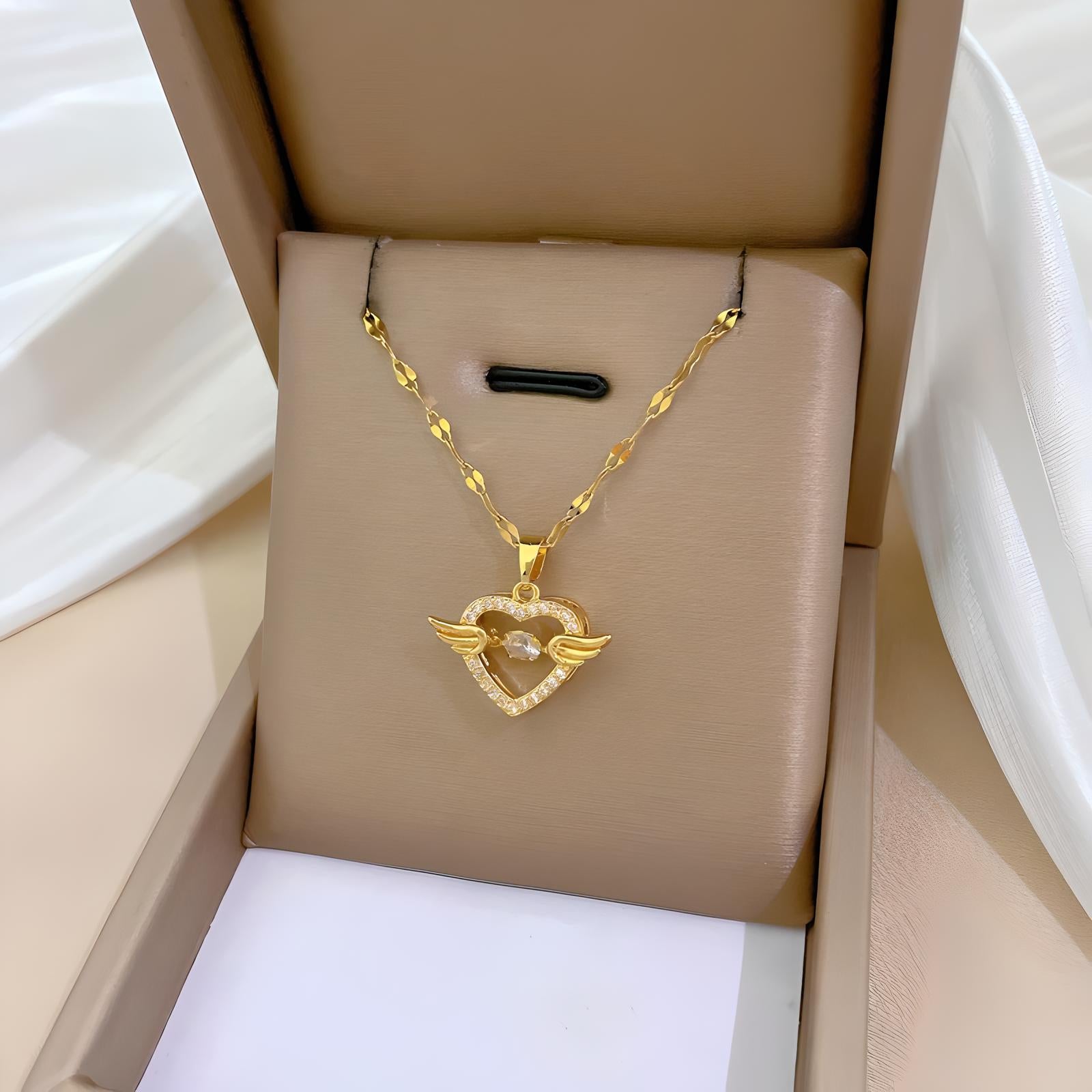 Luxury Full Diamond Necklace with Luminous Angel Hearts - BBKaddo